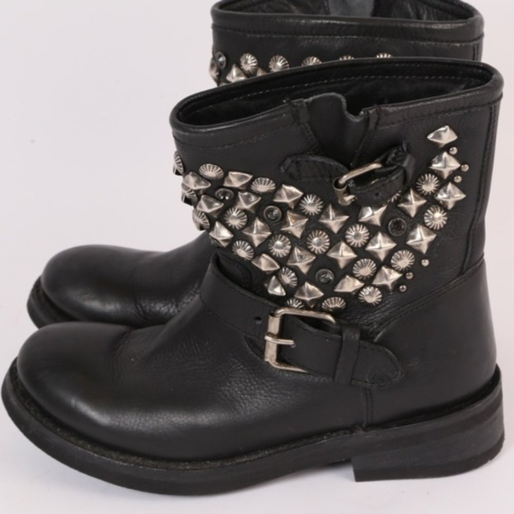 ASH Black Leather Studded Biker Ankle Boots